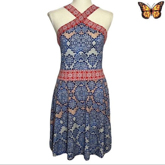 BCBGMAXAZRIA Nadia Multicolor Criss-Cross Fit and Flare Dress Size Small - Picture 2 of 15